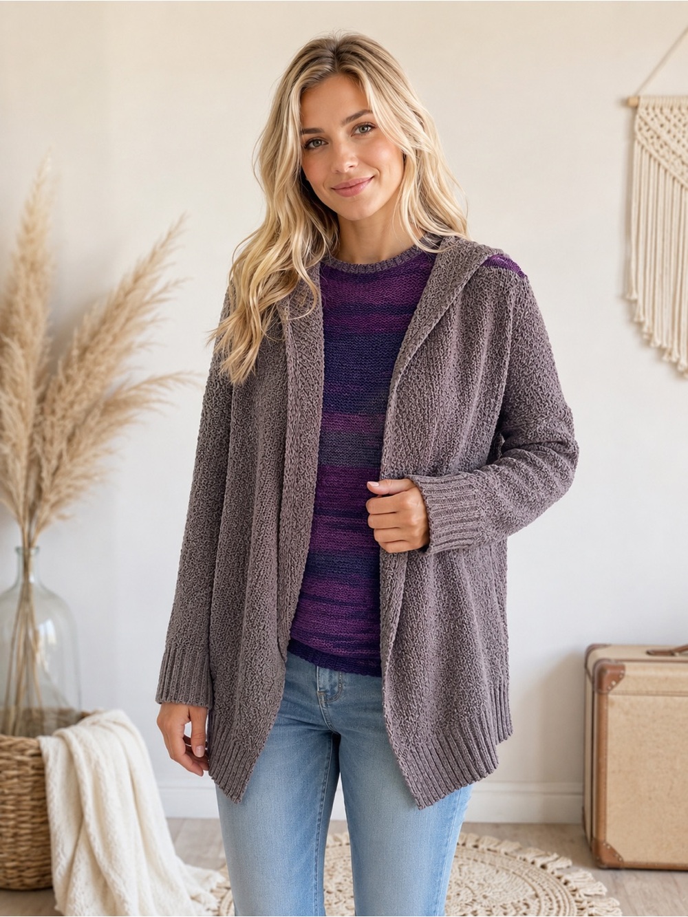 Curio Open-Front Hooded Cardigan in Dusty Gray and Purple